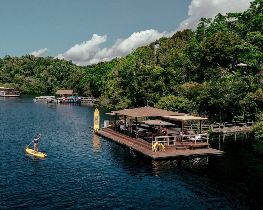Bungalow deck facing the Rio Negro at an Amazon jungle lodge in Brazil