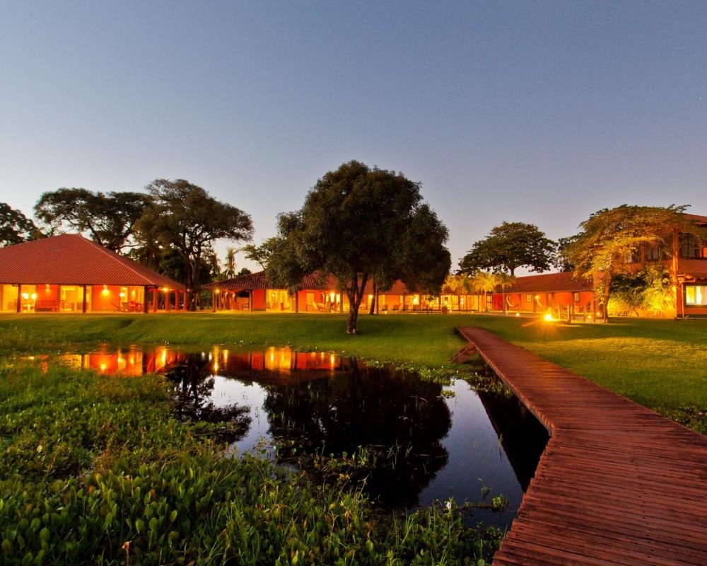 Lodge veranda overlooking a flooded plain in the Pantanal wetlands