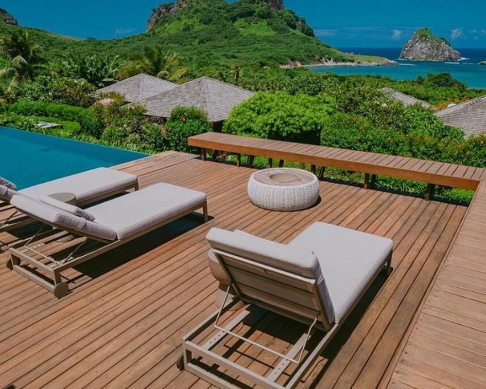 Ocean view bungalow with wooden deck on Fernando de Noronha island