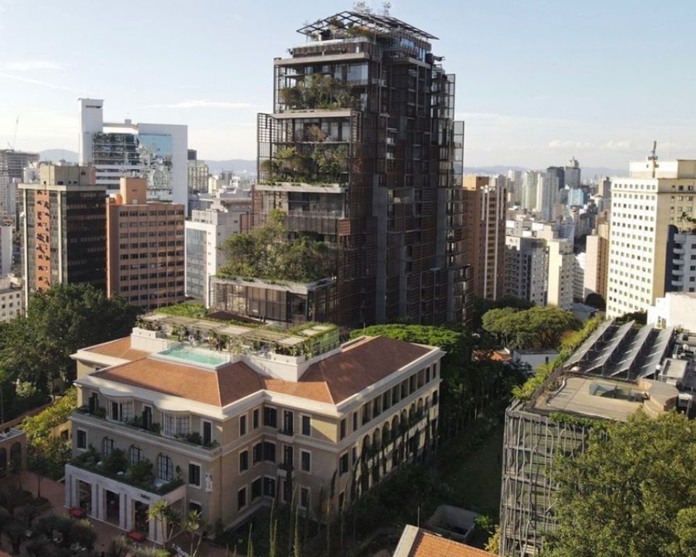 Rooftop pool with skyline view at Rosewood São Paulo